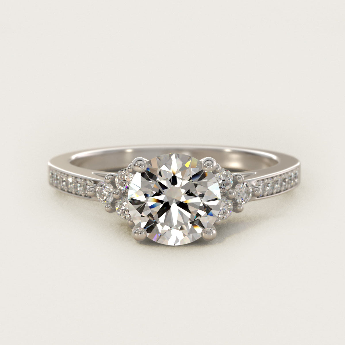 Sterling Silver Round Cut Moissanite Engagement Ring Pavé Trio Side Stone (2.0 ct., 1/4 ct. tw.) Main image