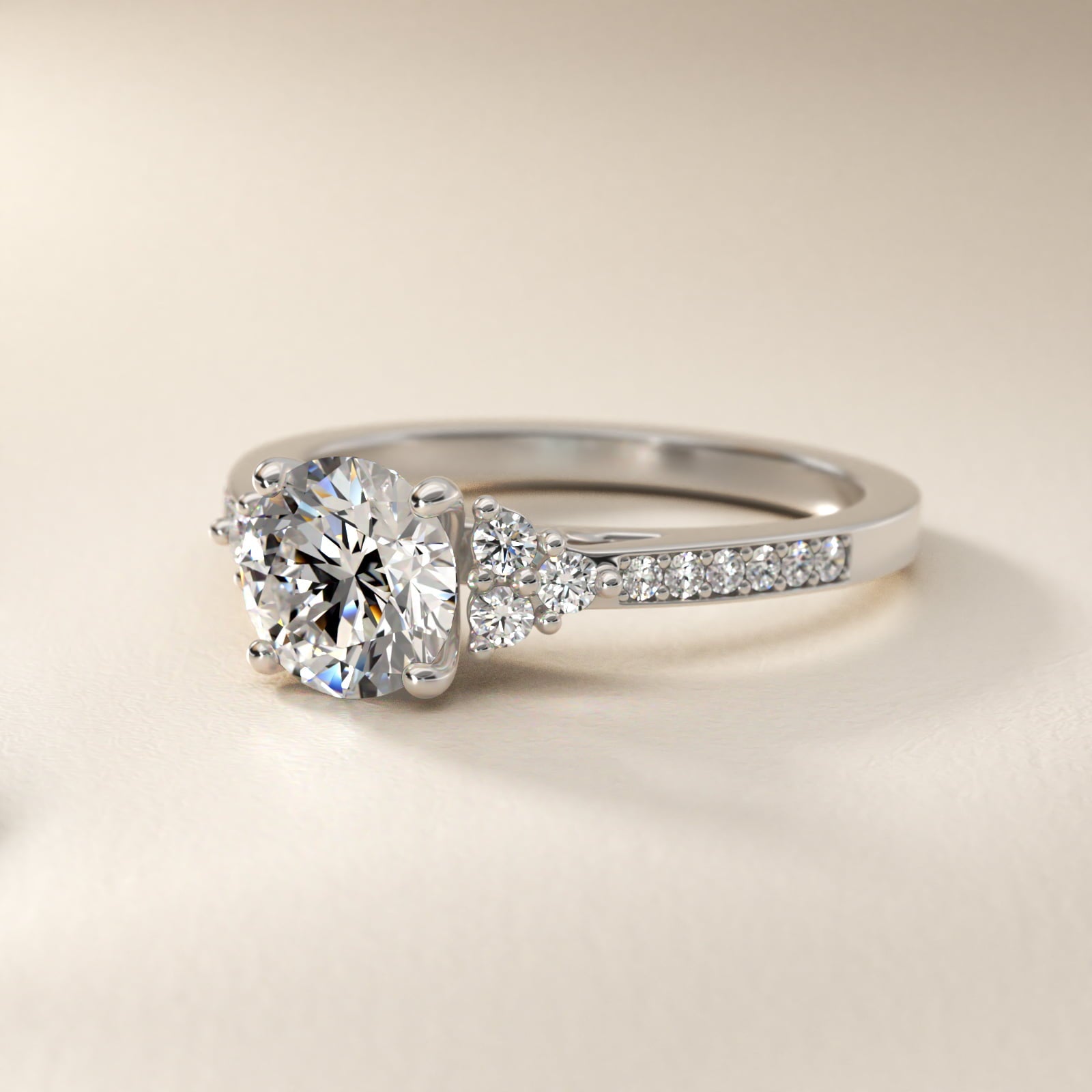 Sterling Silver Round Cut Moissanite Engagement Ring Pavé Trio Side Stone (2.0 ct., 1/4 ct. tw.) Secondary image