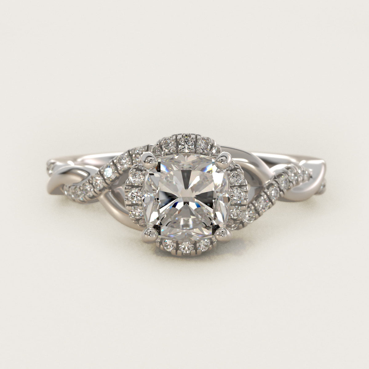 Sterling Silver Cushion Cut Moissanite Engagement Ring Interlaced Pavé Halo Vintage (2.0 ct., 1/5 ct. tw.) Main image