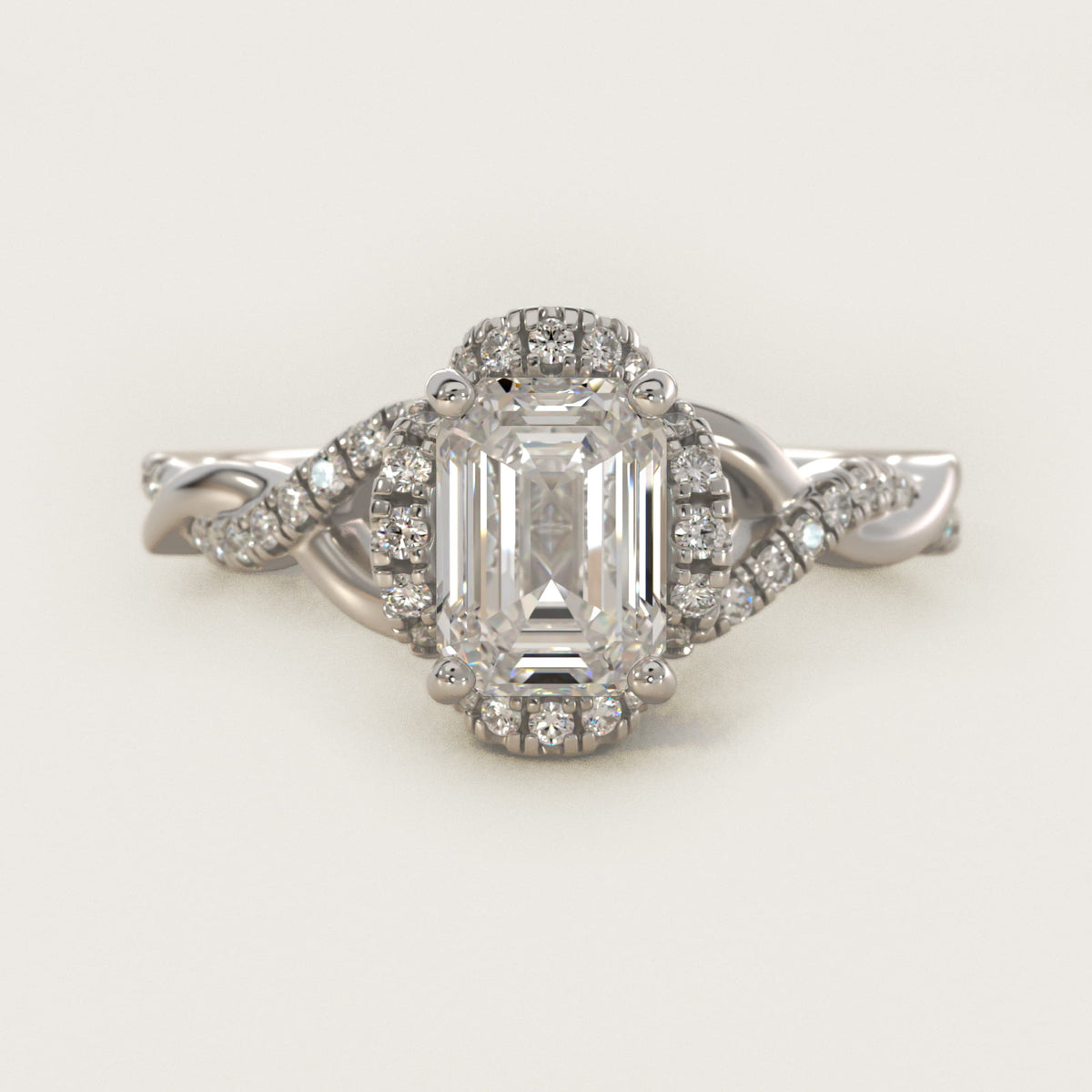 Sterling Silver Emerald Cut Moissanite Engagement Ring Interlaced Pavé Halo Vintage (2.0 ct., 1/5 ct. tw.) Main image