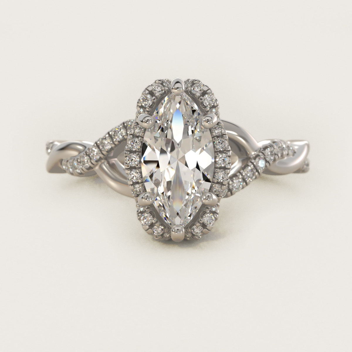 Sterling Silver Marquise Cut Moissanite Engagement Ring Interlaced Pavé Halo Vintage (2.0 ct., 1/5 ct. tw.) Main image