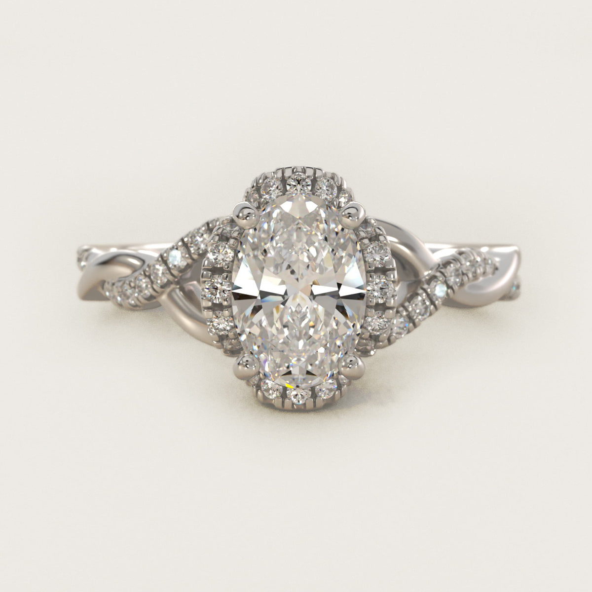 Sterling Silver Oval Cut Moissanite Engagement Ring Interlaced Pavé Halo Vintage (2.0 ct., 1/5 ct. tw.) Main image