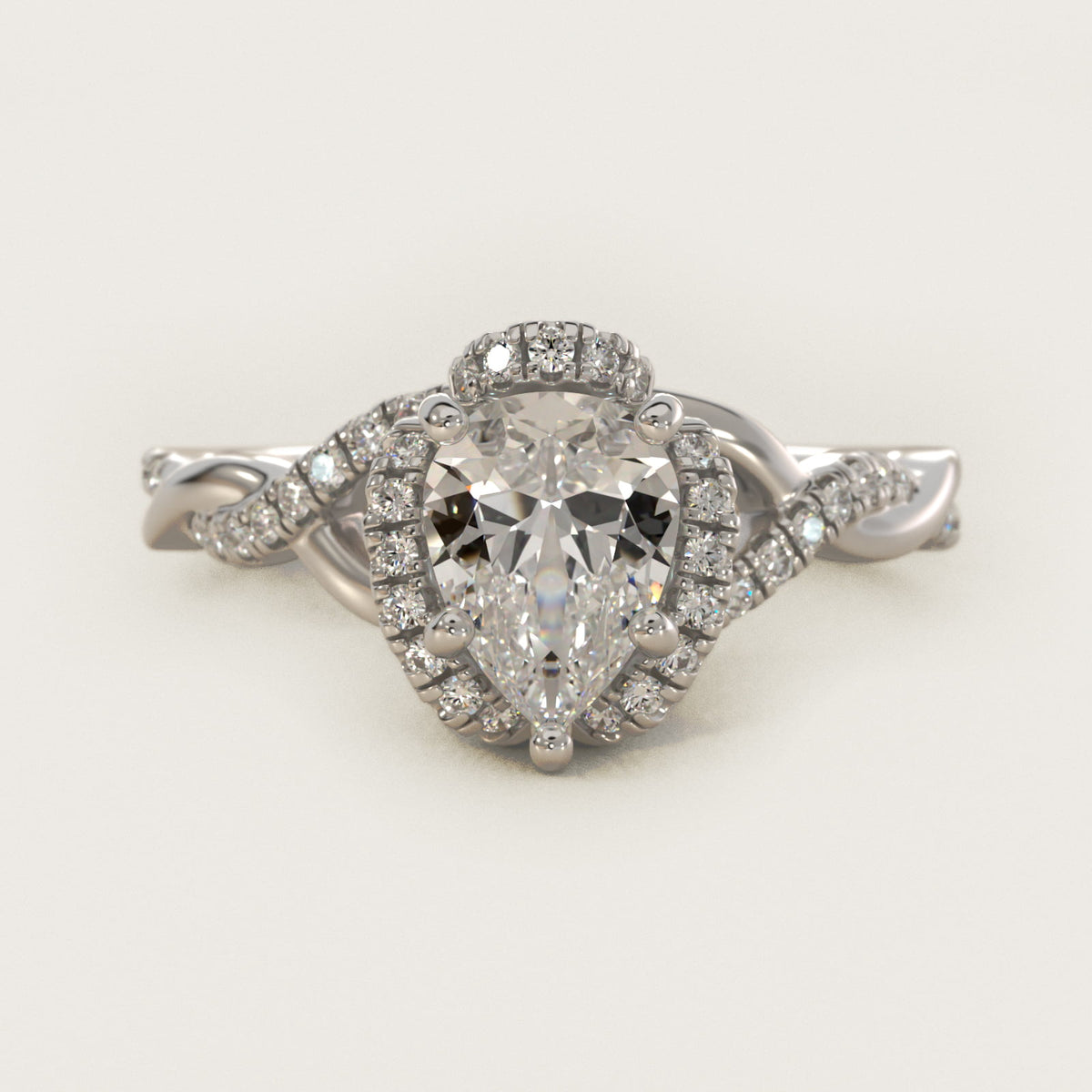 Sterling Silver Pear Cut Moissanite Engagement Ring Interlaced Pavé Halo Vintage (2.0 ct., 1/5 ct. tw.) Main image