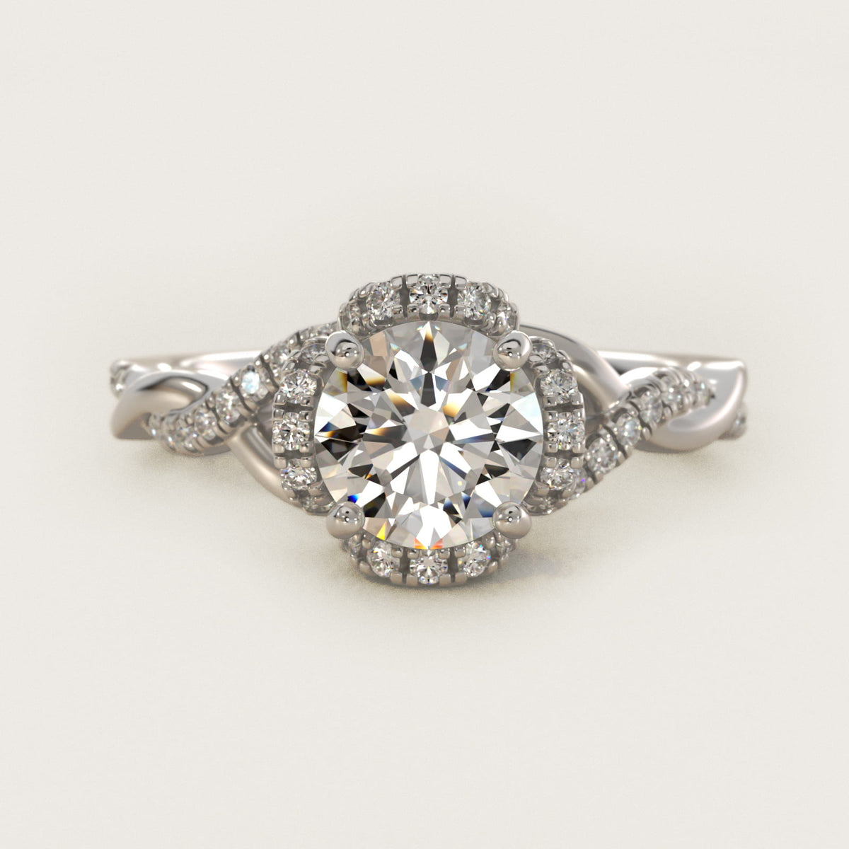 Sterling Silver Round Cut Moissanite Engagement Ring Interlaced Pavé Halo Vintage (2.0 ct., 1/5 ct. tw.) Main image